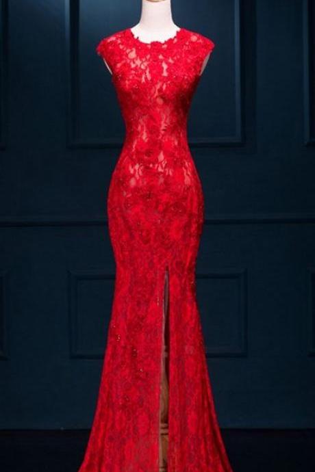 Red Lace Mermaid Prom Dresses,see Through Long Prom Dresses,front Split Evening Prom Dress,formal Women Dress,m000190