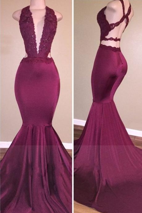 Sexy Mermaid Prom Dresses Deep V-neck Lace Beading Crisscross Back Evening Gowns M000213