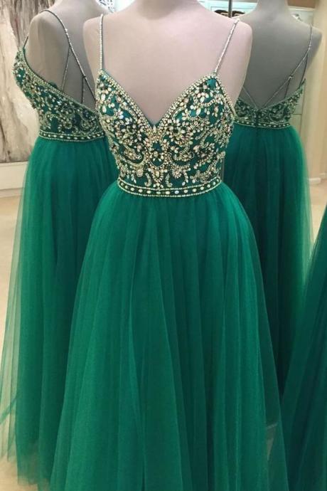 Sexy Green Tulle V-neck Beading Rhinestone Long Evening Dresses With Straps M000222