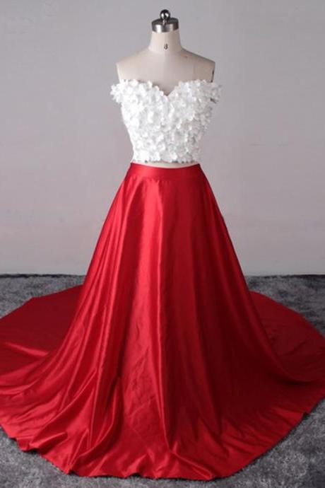 Red Satin Long Two Pieces 3d Flower Prom Dress M000223