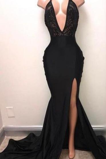 Black Pluning Neck Halter Prom Dress With Side Split M000228