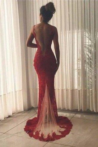 Mermaid Wine Red Lace Evening Dress,sexy Slit Lace Prom Dress,high Quality French Lace Graduation Dress, M000237