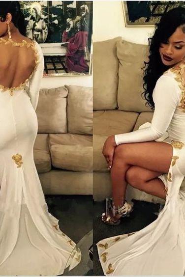 Sexy Open Back Split Mermaid Prom Dresses Gold Lace Appliques Plus Size Long Sleeves Arabic Black Girls Formal Graduation Party Gowns M000240