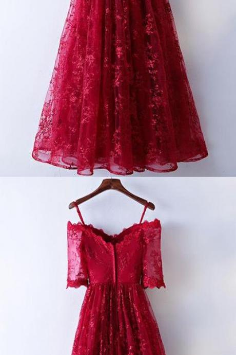Pretty Burgundy Half Sleeve Lace Prom Dress,lace Evening Dress M000242