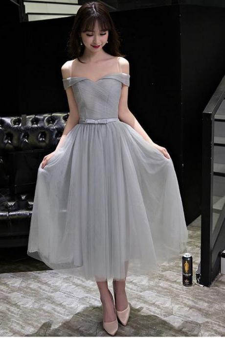 Elegant A-line Off-shoulder Tea-length Tulle Prom Dress With Bowknot M000243