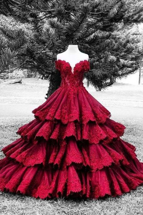 Gorgeous Red Lace Sweetheart Satins Handmade Flowers A-line Long Ball Gown Dresses M000247