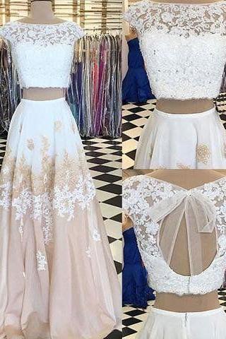 White Two Pieces Lace Long Prom Dress,cap Sleeves Evening Dress, M0270