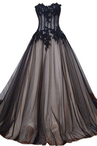 Kivary Long Black And Champagne Lace Gothic Prom Wedding Dresses M0272