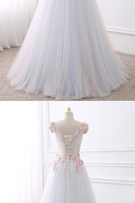 White Tulle V Neck Long Flower Sweet 16 Prom Dress M0275
