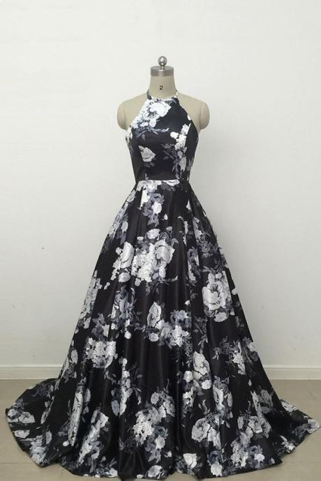Black Floral Printed Halter Neck A-line Prom Dress