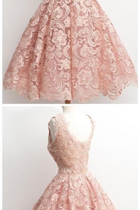 Custom Made Gorgeous Lace Prom Dress,tea Length Evening Dress, Pink Homecoming Dress M0291