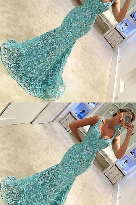 Mermaid Straps Sweep Train Turquoise Tulle Prom Dress With Appliques M0292