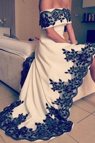 Elegant Prom Dresses Lace Party Dresses Evening Wear Short Sleeve Off Shouler Hi Low Formal Arabic Dresses M0295