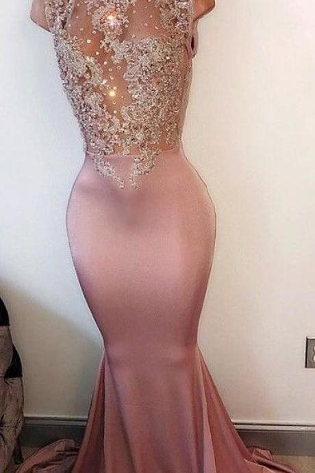 Pearl Pink Mermaid Prom Dresses High Neck Sleeveless Lace Appliques Evening Gowns M0303
