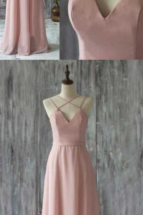Simple A-line Blush Prom Dress - V-neck Criss-cross Straps Floor Length Pleats M0305