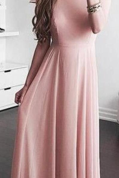 A-line Square Sleeveless Floor-length Blush Chiffon Prom Dress With Pleats M0308