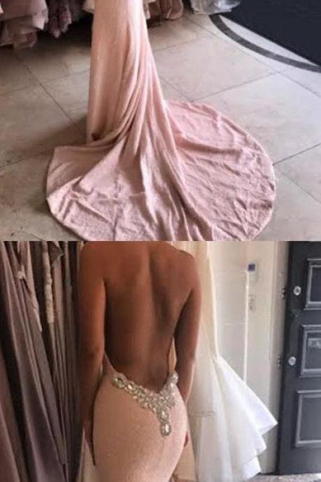 Mermaid Halter Sweep Train Backless Pink Lace Prom Dress With Beading M0310