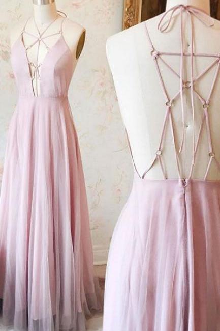 Unique Pink V Neck Long Prom Dress, Pink Evening Dress M0311