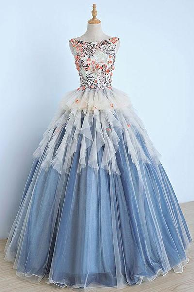 Light Blue Tulle Long Appliques Senior Prom Dress, 3d Flower Evening Dress M0314