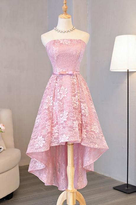 Simple Pink Lace High Low Homecoming Dress, Halter Prom Dress With Bow M0317