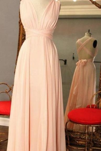 Simple Pink V-neck Criss-cross Straps Pleats Bowknot Long Prom Dress M0322