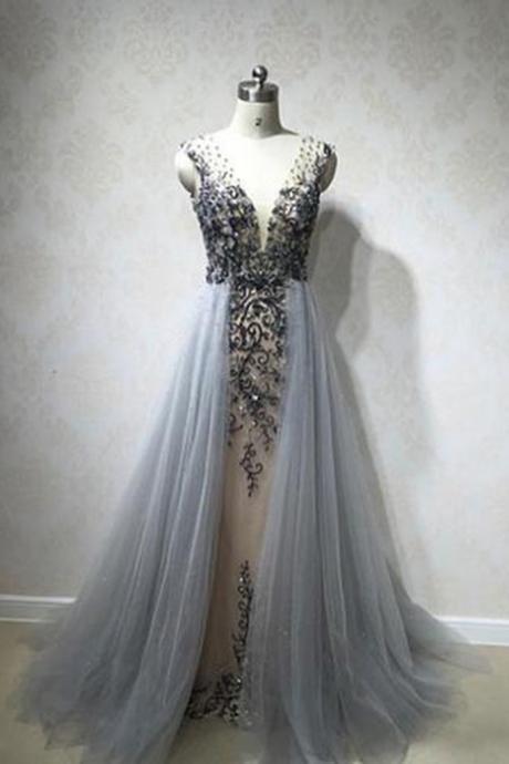 Elegant Gray Tulle V Neck A-line Beaded And Sequins Long Evening Dresses, M0339