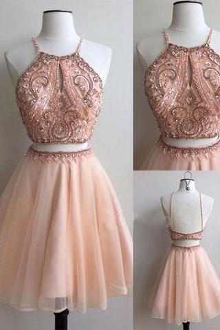 Pink Two Pieces Short Beaded Short Homecoming Dress, Prom Dress For Girl, , M0341