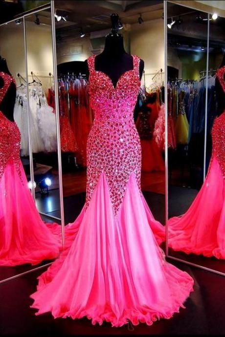 Shinning Mermaid Sweetheart Backless Pink Tulle Beaded Prom Dress With Straps M0351