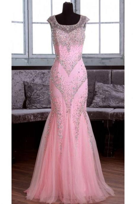 Long Pink Beaded Mermaid Lace Tulle Prom Dresses Party Evening Gowns M0362