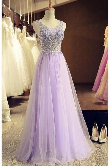 A-line Beaded Lilac Tulle Prom Dresses Party Evening Gowns M0369