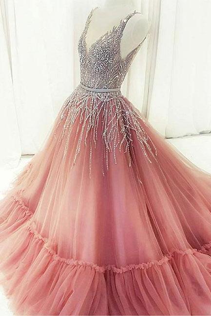 Unique A-line V-neck Pink Tulle Long Prom/evening Dress With Beading M0374