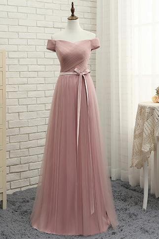 Pink Tulle Off Shoulder A Line Long Prom Dress, Pink Evening Dresses M0378