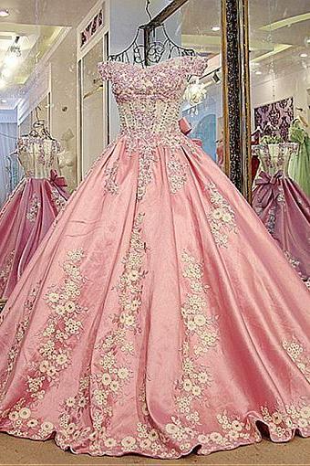 Attractive Tulle & Taffeta Off-the-shoulder Neckline Ball Gown Prom Dresses With Lace Appliques M0380