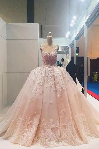 Pink Lace Applique Beads Ball Gown Quinceanera Dress Wedding Dress M0387