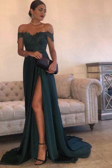 A Line Navy Green Chiffon Prom Dress, High Split Side Slit Lace Top Party Gown,sexy Prom Dresses M0392