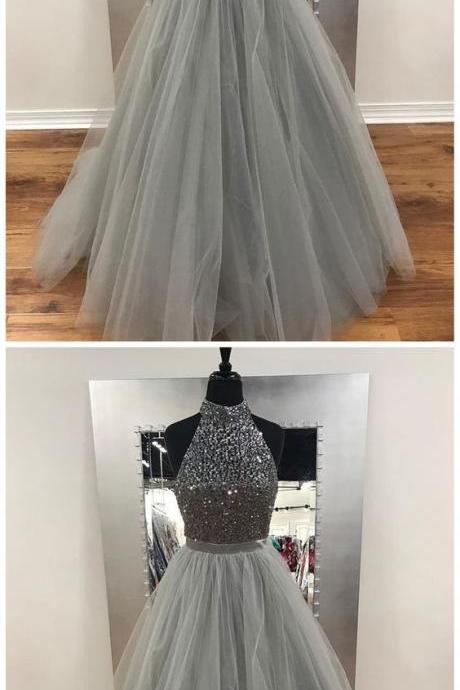 A Line Gray Beaded Fashion Evening Prom Dresses, Popular Sweet 16 Party Prom Dresses, Custom Long Prom Dresses, Formal Prom Dresses M0409
