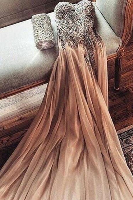 Sexy Sweetheart Gold Chiffon Prom Dress With Beading And Rhinestones M0416