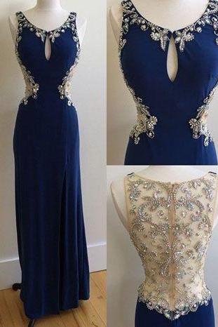 Dark Blue Prom Dress,long Prom Dresses,beaded Prom Dress,chiffon Prom Dress, Prom Dress M0419