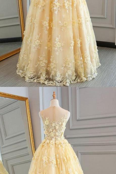 Spring Yellow Lace Customize Long A-line Senior Prom Dress, Long Lace Halter Evening Dress M0430