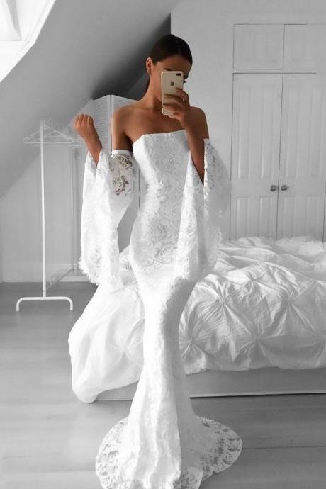 White Strapless Off-Shoulder Lace Mermaid Long Wedding Dress with Bell Sleeves