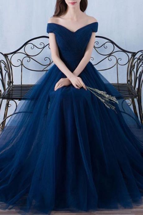 Dark Blue Tulle Organza Off-shoulder A-line Long Prom Dresses,evening Dress For Graduation M0454