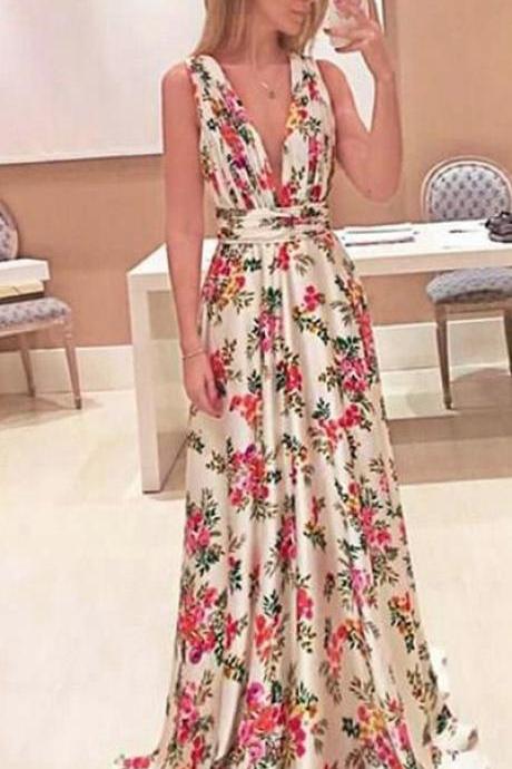 A-line Deep V-neck Long Ivory Floral Satin Prom Dress With Pleats, M0457