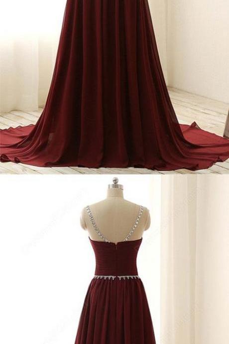 -selling A-line Round Neck Burgundy Chiffon Long Prom Dress With Beading M0463