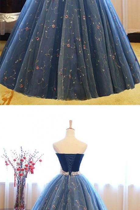 Blue Sweetheart Neck Tulle Long Prom Gown, Blue Sweet 16 Dress M0474