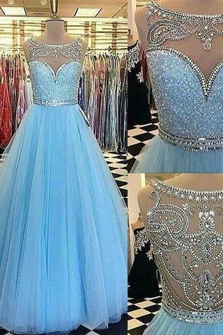 Blue Round Neck Tulle Long Prom Dresses, Blue Evening Dresses, M0475