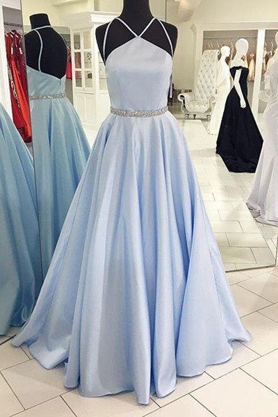 Light Blue Satins Long A-line Formal Prom Dresses With Spaghetti M0482