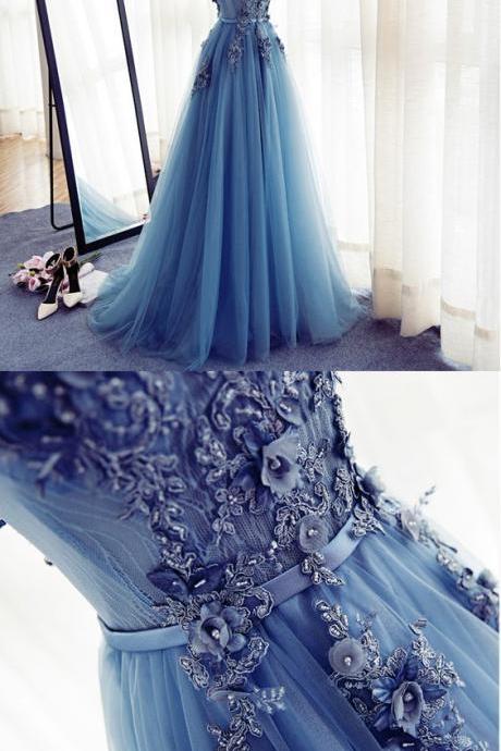 Cap Sleeve Blue Lace Beaded Evening A Line Prom Dresses, Long Sexy Party Prom Dress, Custom Long Prom Dresses, Formal Prom Dresses M0487