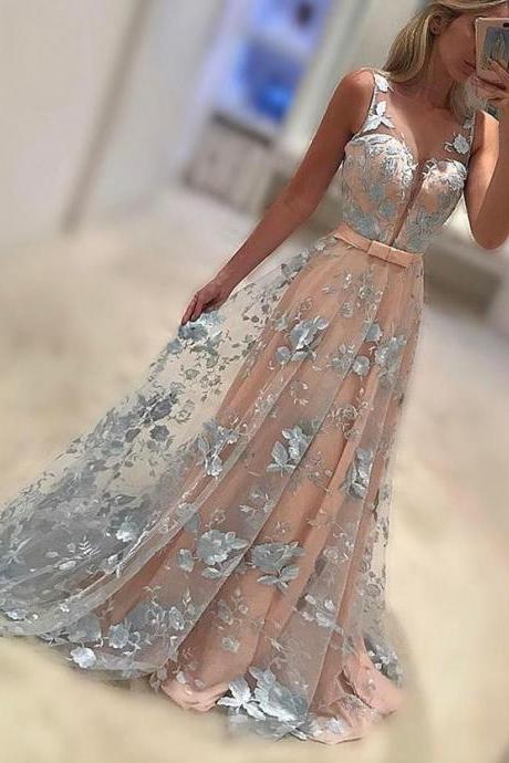 High Fashion A-line Scoop Long Lace Prom Dress With Bowknot M0501