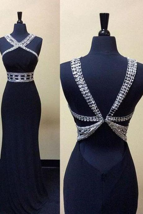 Black Sequins Open Back Long Evening Dresses, Custom-size Long Slim Prom Dresses M0502