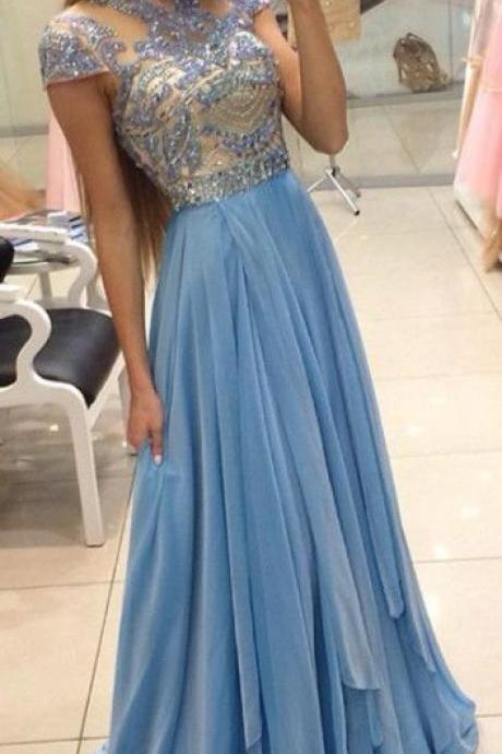 Light Blue Long Beading High Neck Sparkly Cute Prom /evening Dresses M0510